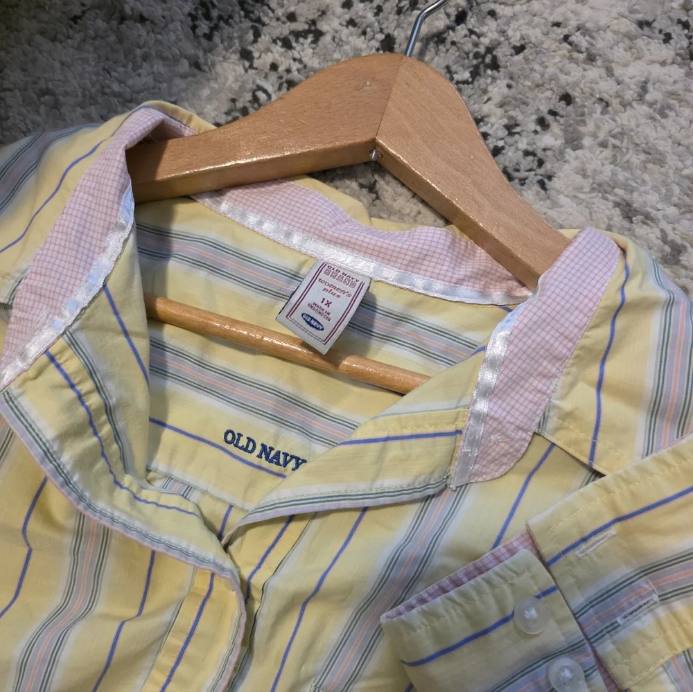 Y2k Old Navy Striped Button Up Collared Shirt Womens 1X Yellow Pink Blue Preppy - Picture 8 of 8